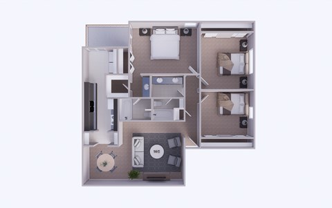 A 3D rendered image of a small apartment layout.
